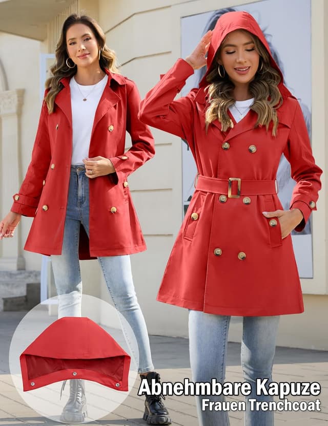 Detalle de Tuopuda Damen Trenchcoat Jacke – wasserabweisender Winter-/Übergangsmantel mit abnehmbarer Kapuze