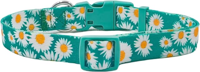 Detalle de Olahibi Basic Dog Collar (L, Green Daisy) – soft adjustable polyester with stainless D-ring