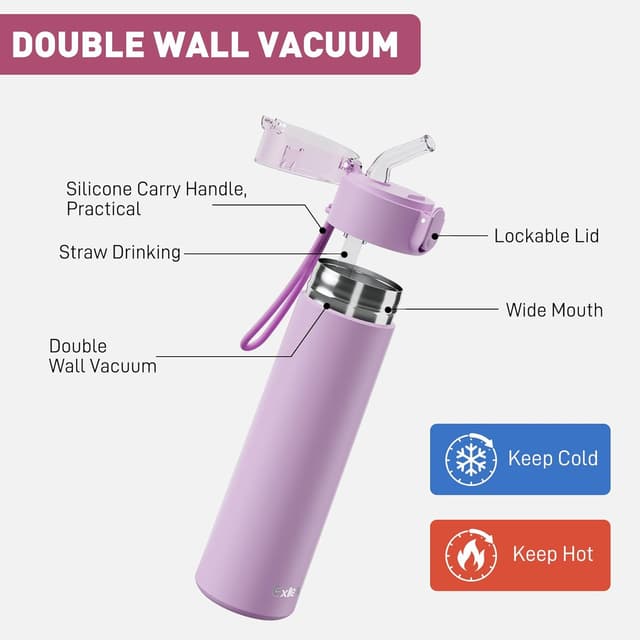 Detalle de Exllena Small Water Bottle 270ml with Straw (Pink) – Leak-Proof 1-Hand Flask