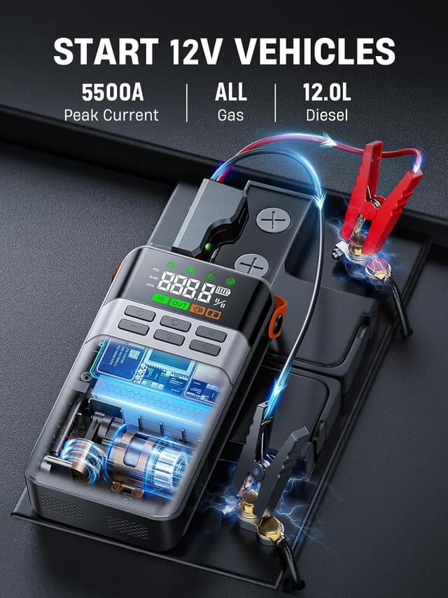 Thumbnail 1 de Car Battery Booster Jump Starter with 150PSI Air Compressor,8-IN-1 5500A Jump Starter Power Pack Portbale(All Gas/12L Diesel/Hybrid),21800mAh Car Starter Power Bank with Jump Leads,Flashlight
Car Battery Booster Jump Starter with 150PSI Air Co…