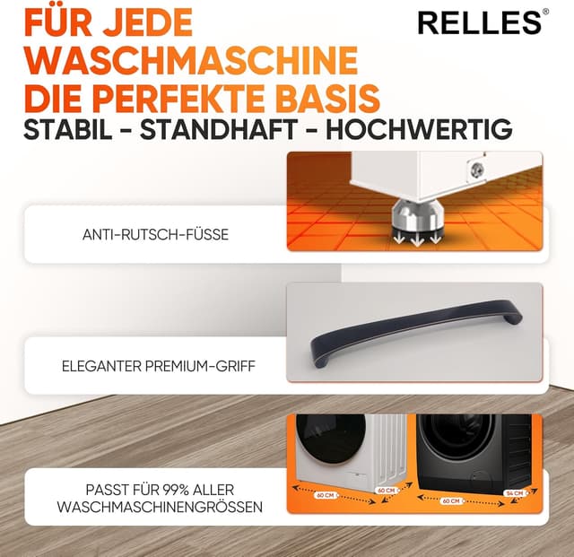 Detalle de RELLES Waschmaschinen-Untergestell mit Schublade bis 500 kg, Stahlrahmen & höhenverstellbaren Füßen