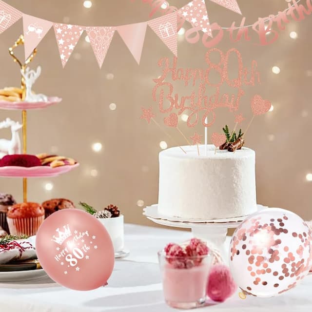 Detalle 2 de Rose Gold Happy 80th Birthday Banner, Sash, Cake Topper, Triangle Flags & Confetti Balloons Decoration Set