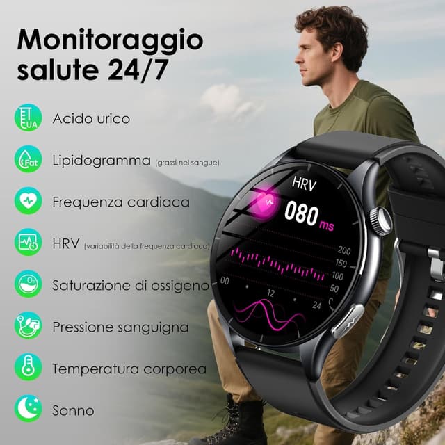 Detalle de Smartwatch uomo 2026 con ECG, glicemia, pressione, sonno e apnea notturna 1,56” AMOLED