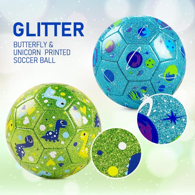 Detalle de ZOOJOY Size 2 Kids Soccer Ball 2-Pack (Glitter Dinosaur & Planet) with Pump and Mesh Bag