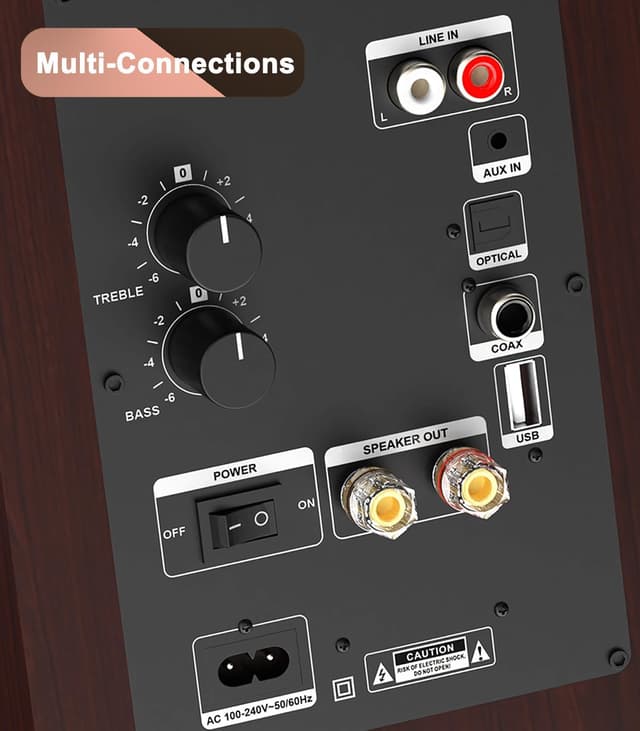 Detalle de LONPOO Bluetooth Regal-Lautsprecher LP42M mit 4" Woofer, optisch/koaxial/RCA/USB/AUX und Fernbedienung
