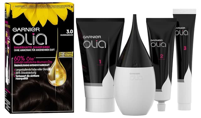 Detalle de Garnier Olia Dauerhafte Haarfarbe ohne Ammoniak Nr. 3.0 Dunkelbraun (Packung mit 2), 1 Stück