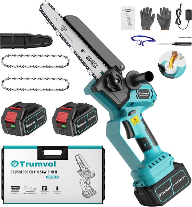 Detalle de Mini motosega Trumvol da 8 pollici con motore brushless e batteria 21 V 8000 mAh, a una mano