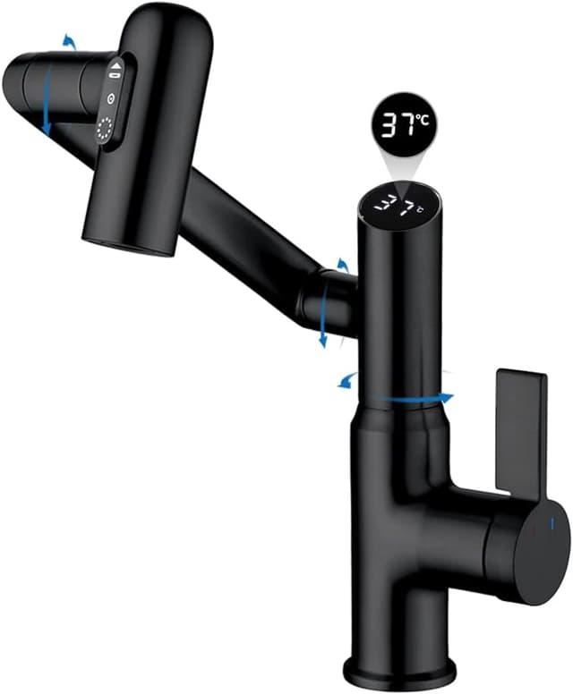 Detalle de GEOATON Temperature Bathroom Taps with Temperature Display, Matte Black – Single Handle, 2 Sprays