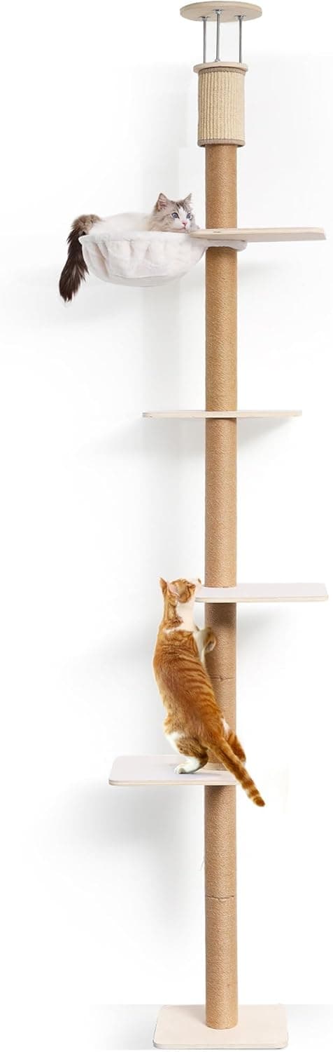 Detalle de FUKUMARU Kratzbaum mit 4 Etagen bis zur Decke (250–274 cm), wandmontiert, Jute & Hängematte – beige