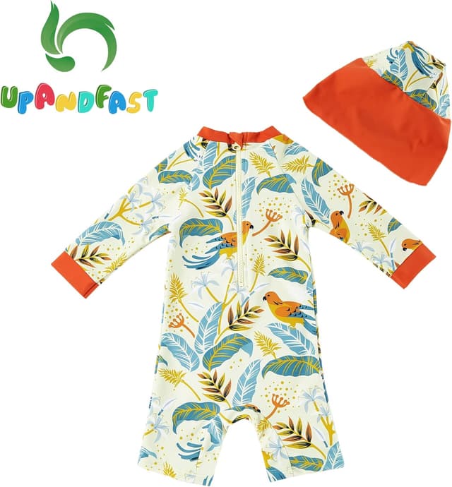 Detalle de upandfast Baby Jungen Badeanzug mit Sonnenhut UPF 50+ (einteilig, Reißverschluss) für mehr UV-Schutz