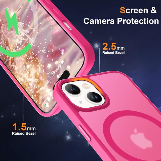 Detalle de ORETECH Magnetische Hülle für iPhone 15 Plus (Mag-Safe) mit 2 Displayschutzfolien & 1 Kameraschutz – stoßfest, transluzente Rückseite in Hot Pink