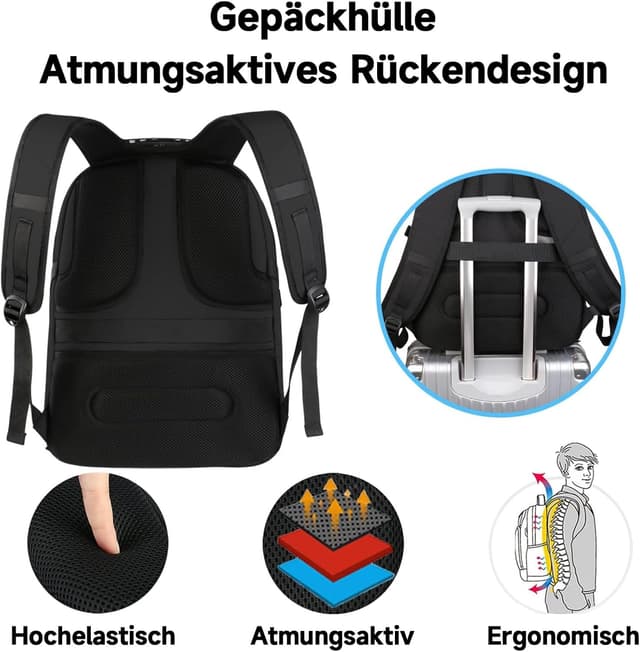 Detalle de MATEIN Groß Laptop-Rucksack für Herren 55L (18 Zoll) wasserdicht, TSA & Diebstahlschutz – Business-Reiserucksack in Schwarz