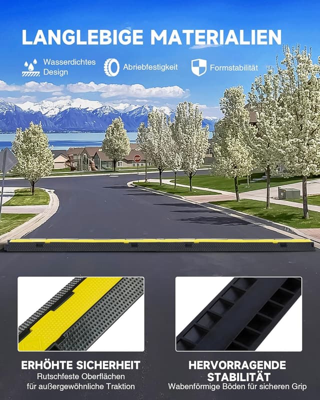 Detalle de CREWORKS Boden-Kabelbrücke Set (3 Stück) mit 2 Kabelkanälen für den Außeneinsatz – Kabelschutz für Parkplätze & Lager