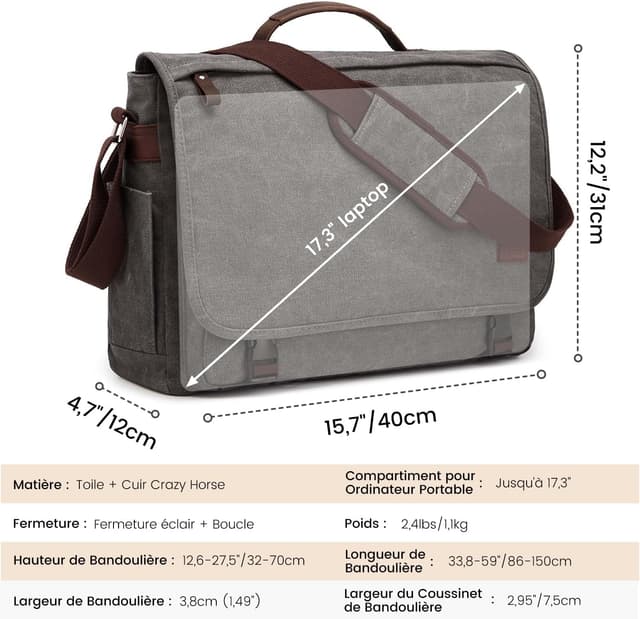Detalle de S-ZONE Homme sac à bandoulière 17,3 pouces (toile) pour ordinateur portable et documents de travail