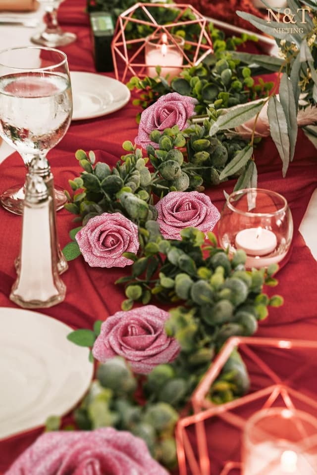 Detalle 2 de N&T NIETING Artificial Glitter Roses (Pink), 25pc DIY fake flowers with bendable stems