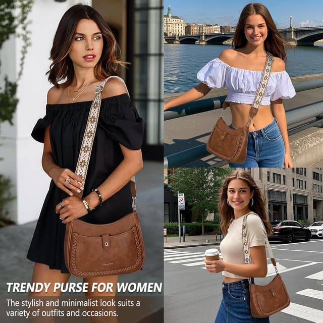 Detalle de RAINSMORE sac bandoulière femme en cuir PU, bandoulière large réglable et amovible, multiples poches (brun)