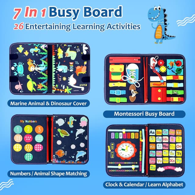 Detalle de Qizfun Montessori Busy Board & Busy Book for Toddlers (Blue/P4) – Screen-Free Travel Sensory Learning Toy