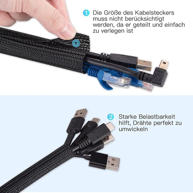 Detalle de AGPTEK 10 mm Kabelschlauch (6,1 m) mit selbstschließendem Kabelkanal für Ordnung am Schreibtisch