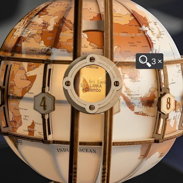 Detalle 2 de ROKR 3D Holzpuzzle „Leuchtender Globus“ (ST003) mit LED – drehbares Holzmodell als Schreibtischdekoration