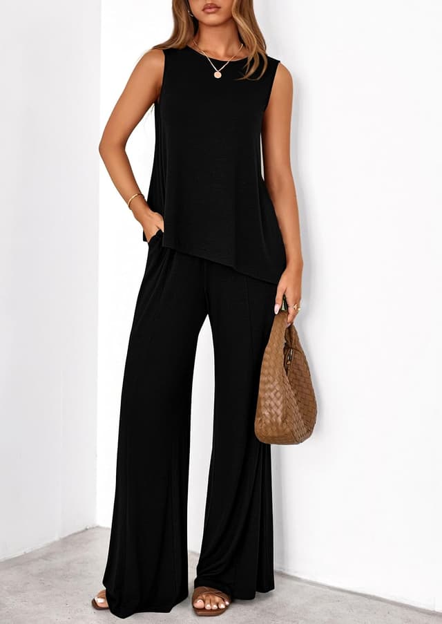 Detalle de PRETTYGARDEN Women’s 2026 Two-Piece Lounge Set: Asymmetrical Split Tank + Wide-Leg Pants