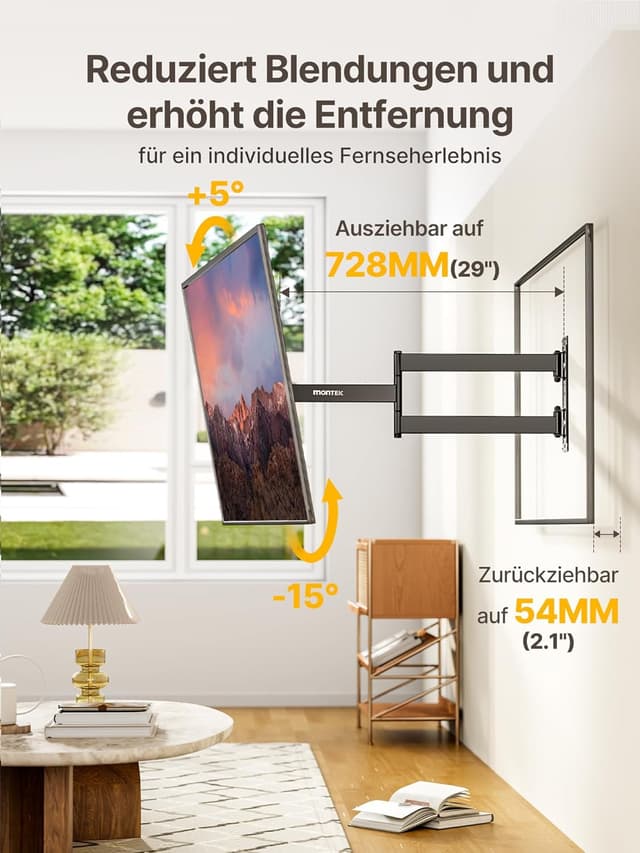 Detalle de monTEK 728 mm Langarm TV-Wandhalterung für 23–65 Zoll (bis 35 kg, max. VESA 400×400) – schwenk- & neigbar