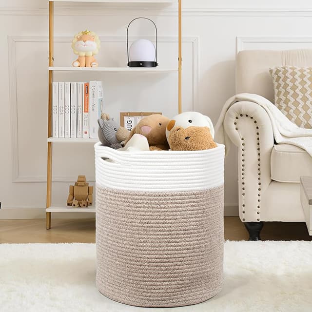 Detalle de SYLANDO 32L Waschekorb aus Baumwolle mit Griffen, geflochten (D34×H40 cm) – Wäsche, Decken & mehr