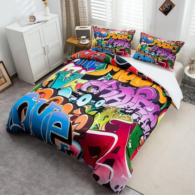 Detalle 2 de Loussiesd Graffiti Style Hip Hop 3-Piece Bedding Set with Zipper (Kids/Teens Duvet Cover & Pillowcases)