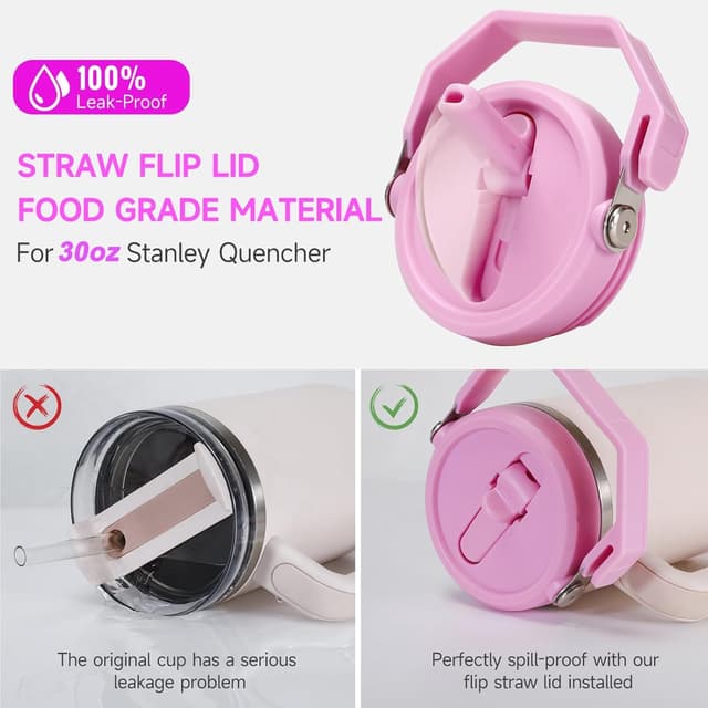 Detalle de ROMANVIC Stanley Cup Deckel auslaufsicher (2 Stück) – abnehmbarer Ersatzdeckel für 30oz Becher inkl. Werkzeug & Trinkhalme