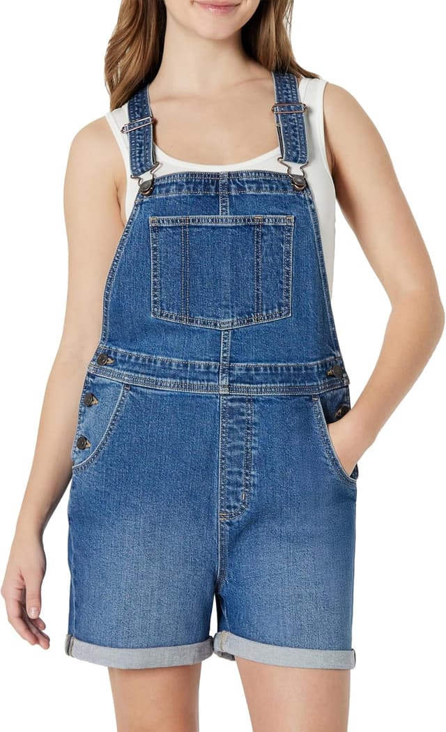 Detalle 2 de Amazon Essentials Damen Denim-Short-Overall mit Stretch & verstellbaren Trägern (Relaxed Fit)