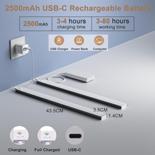 Detalle de Unterbauleuchte Küche LED Schrankbeleuchtung mit Bewegungsmelder, 2er-Set (43,5 cm) USB-kabellos, 3 Farbmodi, dimmbar