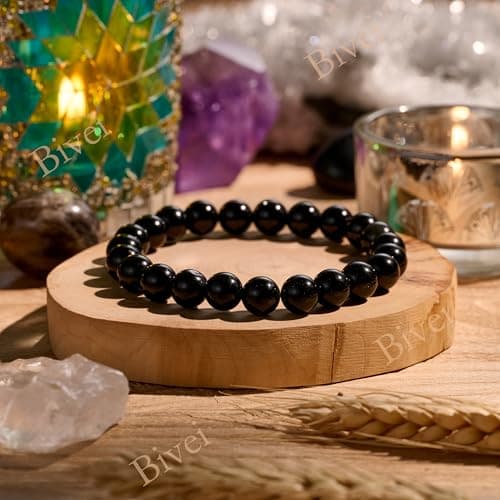 Detalle de Bivei Obsidiana Negra “Fuerza” – Pulsera de cuentas elástica de obsidiana natural (8 mm)