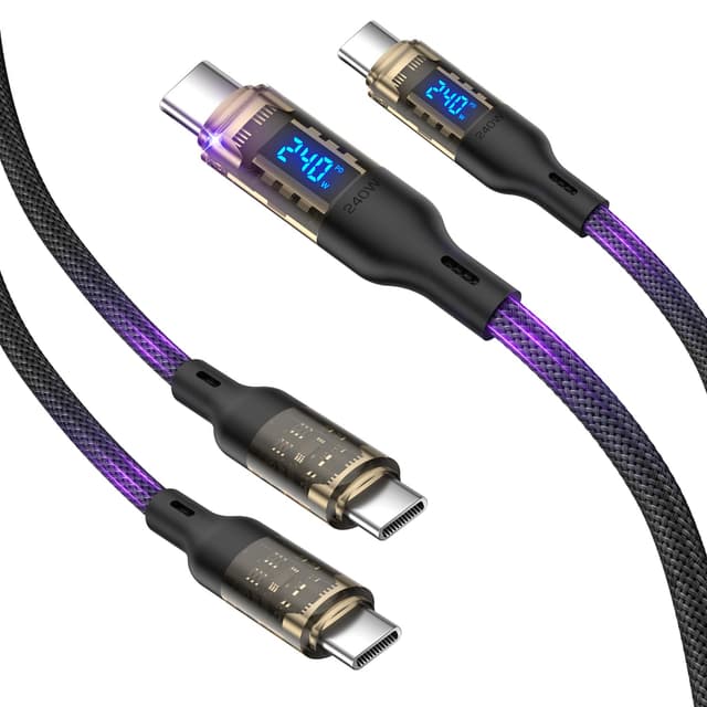 Detalle de VisionSync 240W USB‑C auf USB‑C transparentes Kabel mit LED‑Anzeige (2er‑Pack, 2 m) – für Schnellladung