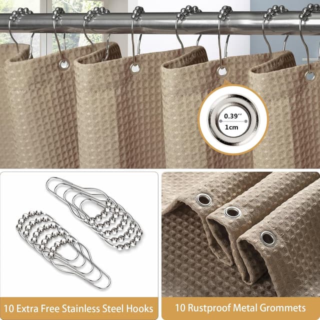 Detalle de Rideau de douche VANZAVANZU motif gaufre avec anneaux métalliques imperméable anti-moisissures (kaki) 152x214 cm