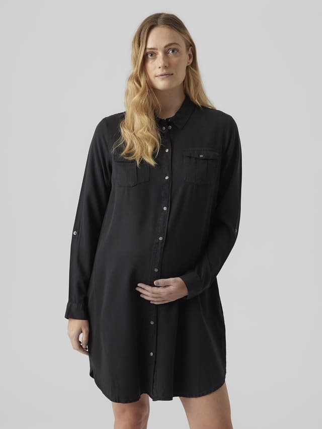 Detalle de VERO MODA VMSIGGA Jeanskleid für Damen (Maternity) – kurzes Hemdblusenkleid mit Knopfleiste