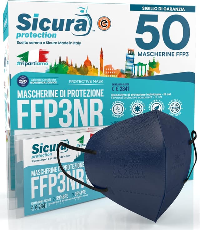 Detalle de 50 Mascherine FFP3 certificate CE blu con elastici Made in Italy (EN 149:2001+A1:2009) – SICURA
