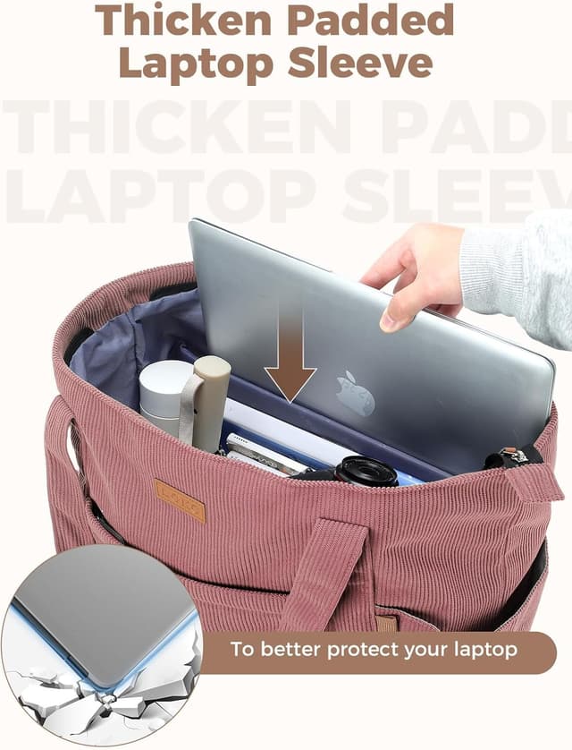 Detalle de Lekespring Cord Tasche Damen – große Tote Bag mit Reißverschluss und 15,6-Zoll-Laptopfach (Rosa)