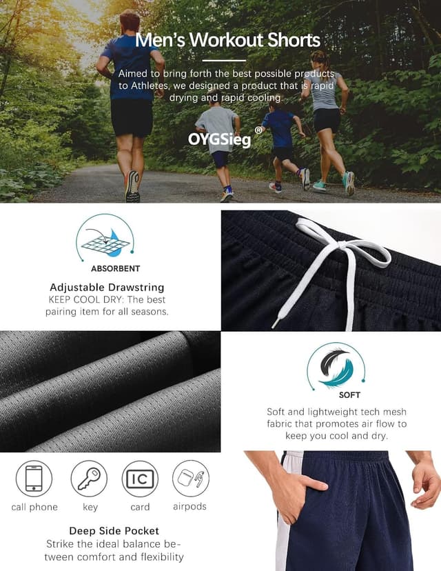 Detalle de OYGSieg 6-Pack Mesh Athletic Basketball Shorts with Pockets (Quick-Dry Workout & Running Shorts)