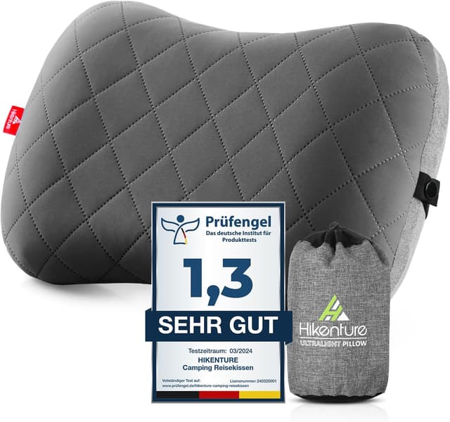 Detalle de HIKENTURE aufblasbares Camping- & Reise-Kopfkissen mit abziehbarem Baumwollbezug (Grau)