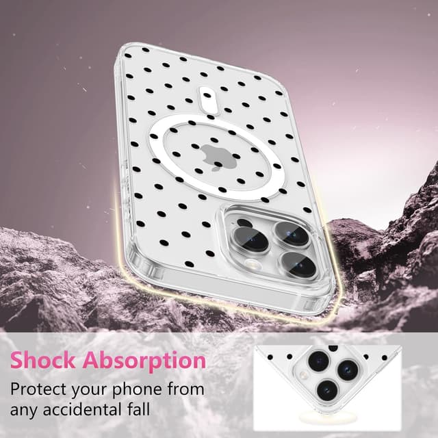 Detalle 2 de ZTOFERA magnetische Hülle für iPhone 15 Pro Max (6,7") – transparente TPU Handyhülle mit Polka-Punkte Muster, schwarz