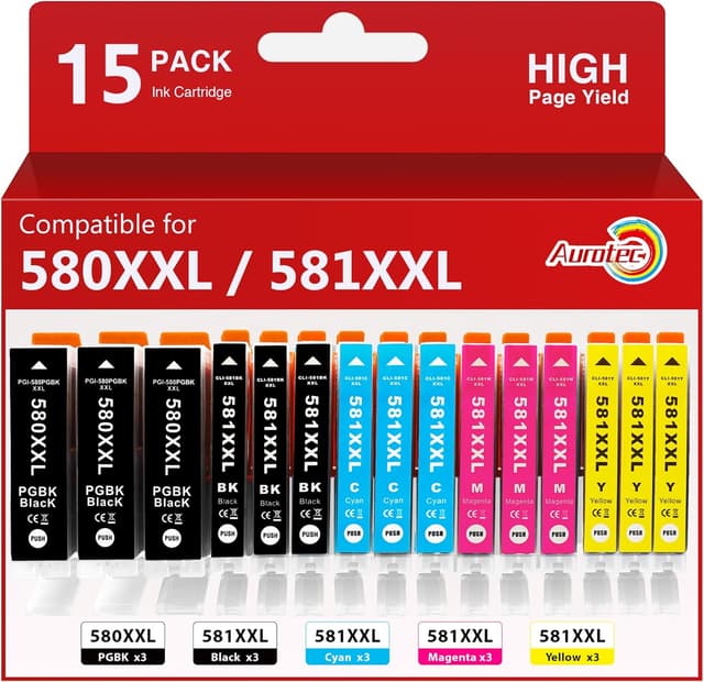 Detalle de Aurotec PGI-580 / CLI-581 XXL Multipack (15 Patronen) kompatibel für Canon Pixma TR / TS