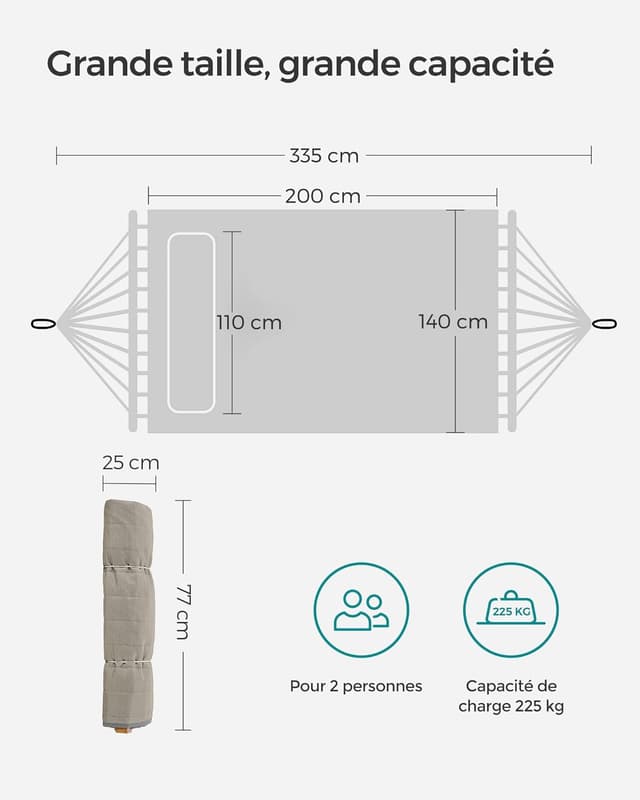 Thumbnail 6 de Hamac double SONGMICS GDC34CG matelassé 200 x 140 cm, barres incurvées démontables en bambou