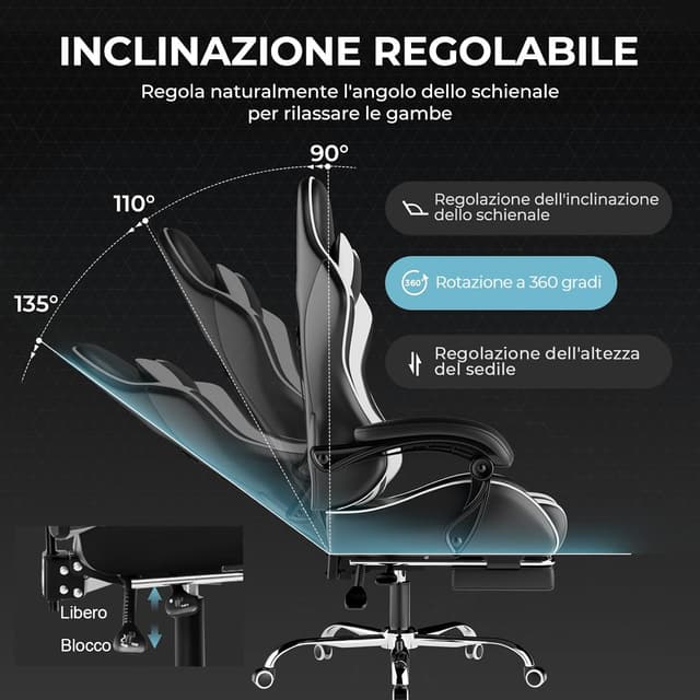 Detalle 2 de LUCKRACER Sedia da Gaming Massaggiante ed Ergonomica con schienale regolabile, poggiapiedi e supporto lombare (reclinabile) – Bianco