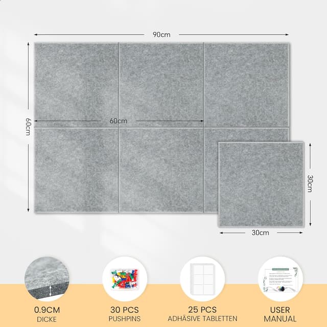 Thumbnail 6 de Large Kork-Bulletin Board 90x60 cm – Filz-Wandfliesen im 6er-Set mit 30 Steckpins & abnehmbaren Klebetabs