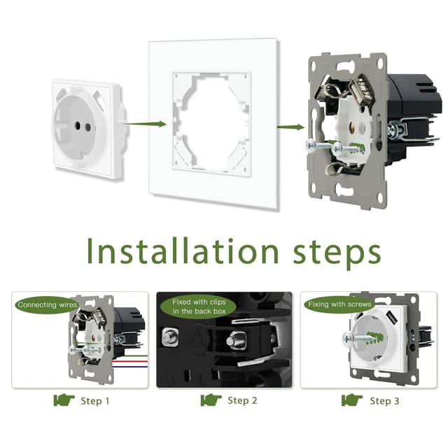 Detalle de BSEED Schuko Unterputzsteckdose mit Dual-USB und USB-C (16 A) – Typ C, 86 mm, weiß