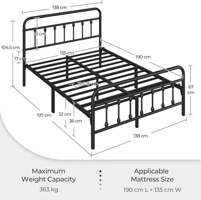 Detalle de Yaheetech 4ft6 Double Vintage Iron Platform Bed with High Headboard & Storage, Black
