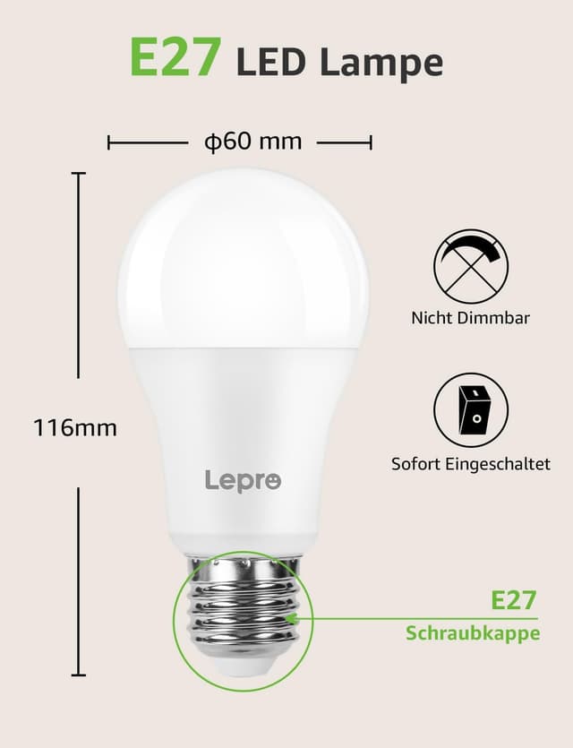 Detalle de Lepro 13W E27 LED Warmweiß (2700K), 1.521 Lumen – 12er-Pack, nicht dimmbar