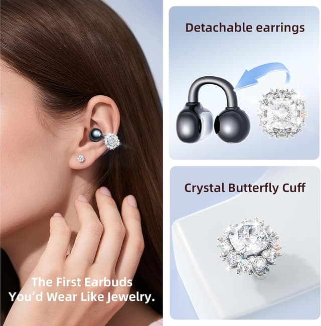 Detalle 2 de Kinglucky Jewelry-Inspired Clip-On Open-Ear Bluetooth Earbuds with Removable Crystal Earrings (Black)