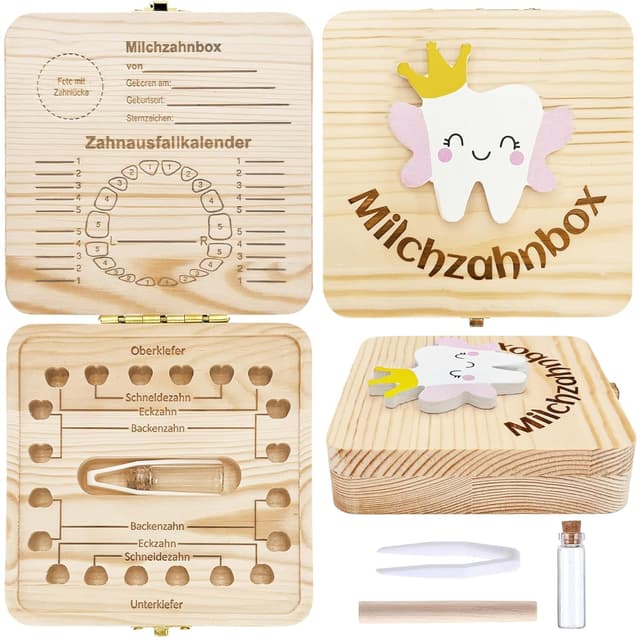 Detalle de Shengruili Zahnbox aus Holz für Milchzähne – Aufbewahrungsbox mit Schlossdesign