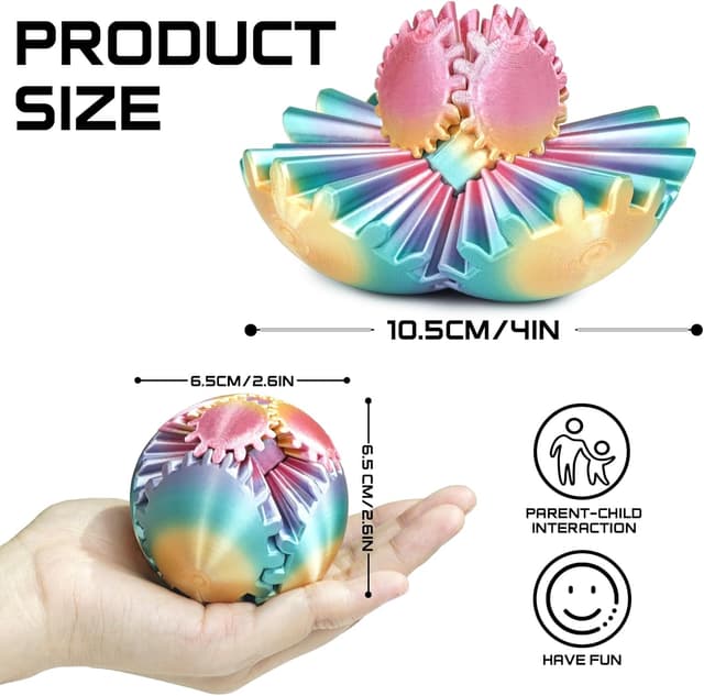 Detalle 2 de Balkwan Gear Ball 3D Printed Fidget Toy Spinning Gear Sphere (Rainbow, 2.5 in diameter)