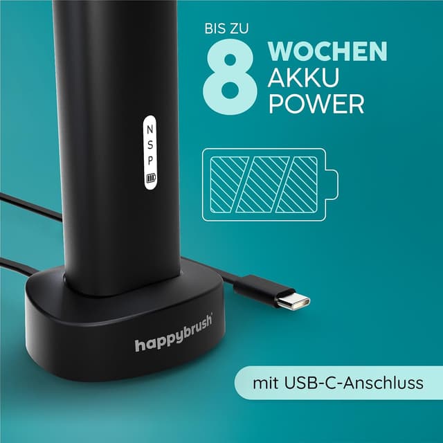 Detalle de happybrush® Schallzahnbürste Eco Vibe 3+ – elektrische Ultraschall-/Sonic-Zahnbürste mit 8-Wochen-Akku, 3 Modi & 2 Jahren Garantie (Black)